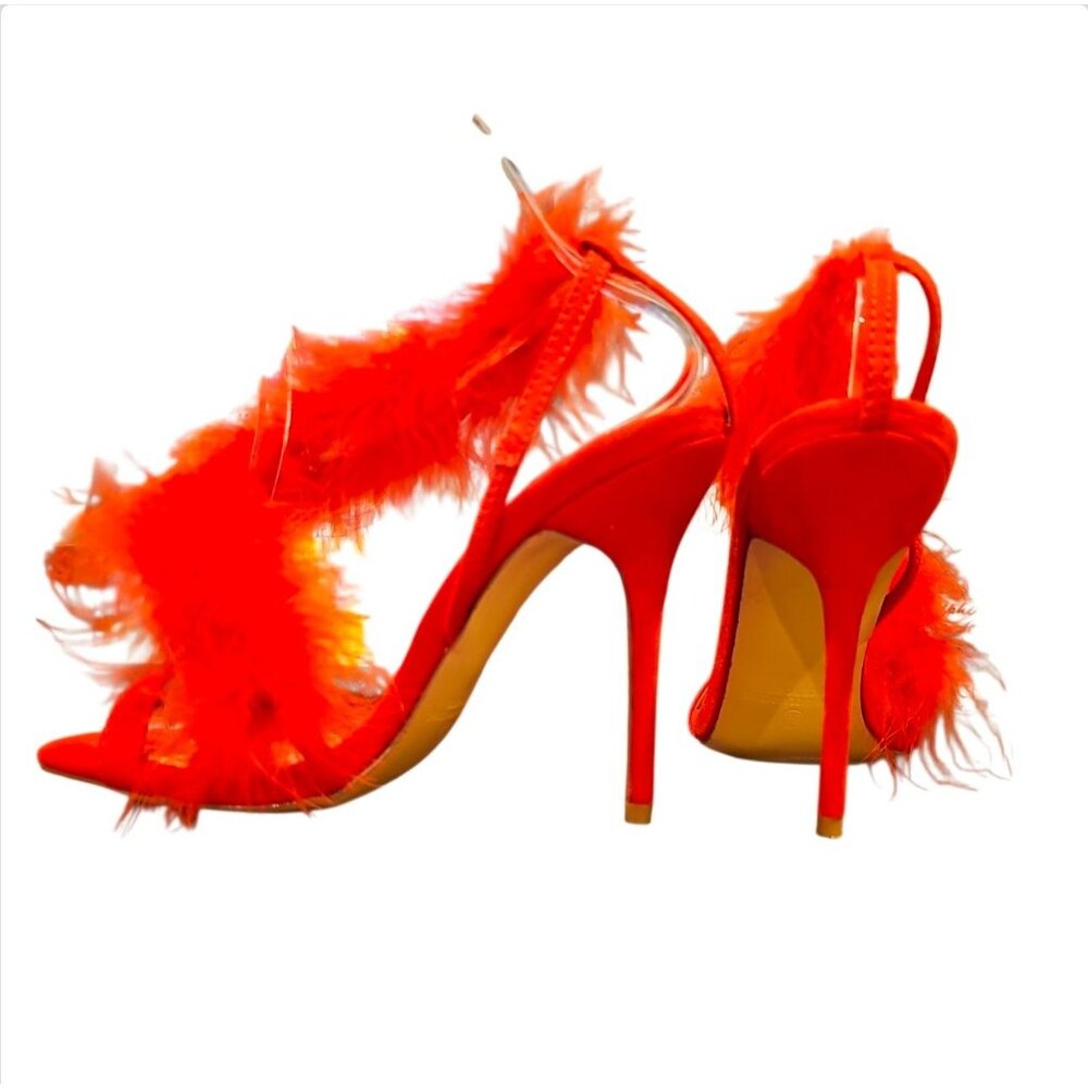 Bright Red Feathered High Heel Stiletto Open Toe Sandals With Dramatic Plume Acc - Picture 3 of 8